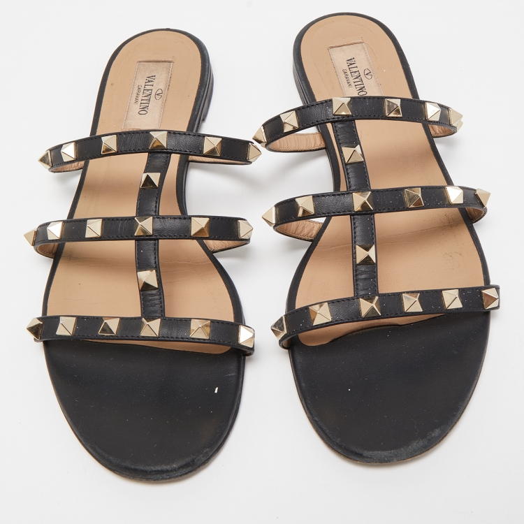Pre Owned Valentino Black Leather Rockstud Flat Slides Size 40