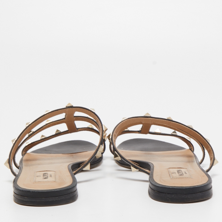 Pre Owned Valentino Black Leather Rockstud Flat Slides Size 40