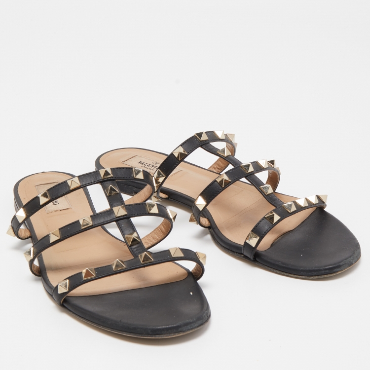 Pre Owned Valentino Black Leather Rockstud Flat Slides Size 40