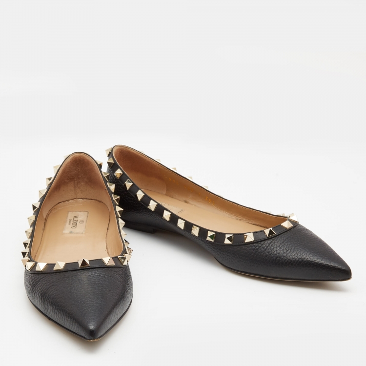 Pre Owned Valentino Black Leather Rockstud Ballet Flats Size 38.5
