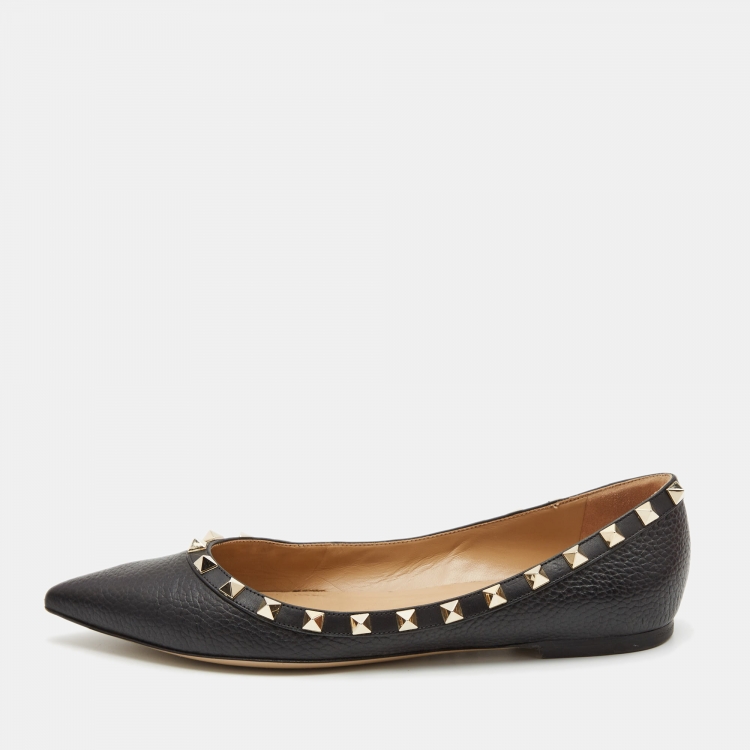 Pre Owned Valentino Black Leather Rockstud Ballet Flats Size 38.5