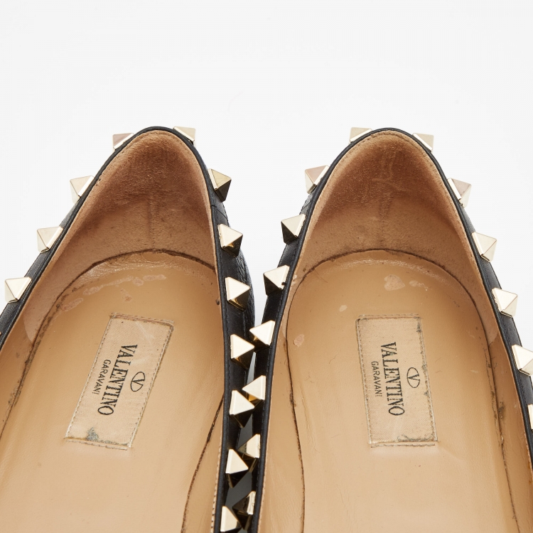 Pre Owned Valentino Black Leather Rockstud Ballet Flats Size 38.5