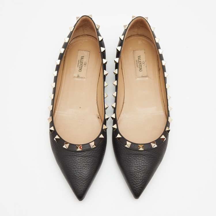 Pre Owned Valentino Black Leather Rockstud Ballet Flats Size 38.5