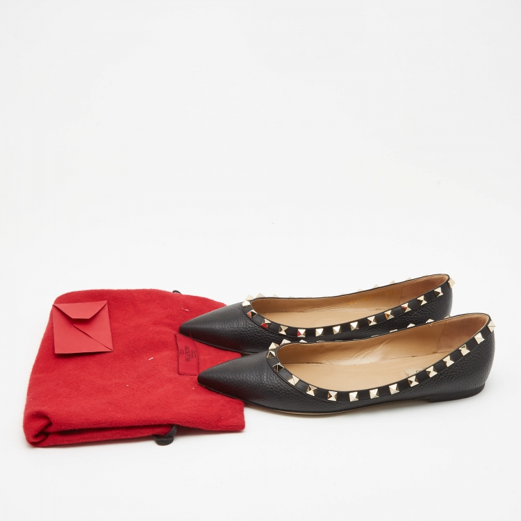 Pre Owned Valentino Black Leather Rockstud Ballet Flats Size 38.5