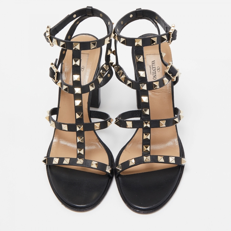 Pre Owned Valentino Black Leather Rockstud  Strappy Block Heel Sandals Size 40