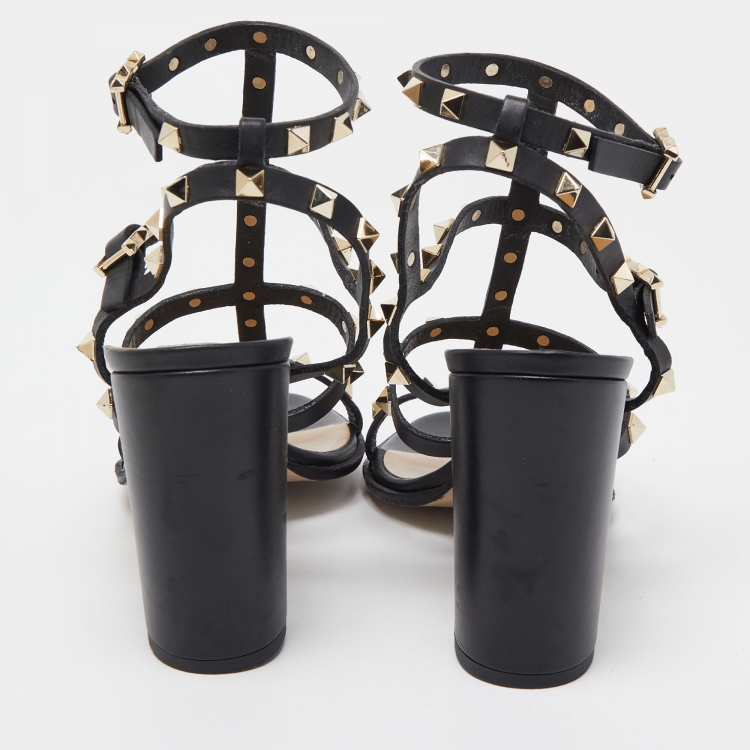 Pre Owned Valentino Black Leather Rockstud  Strappy Block Heel Sandals Size 40