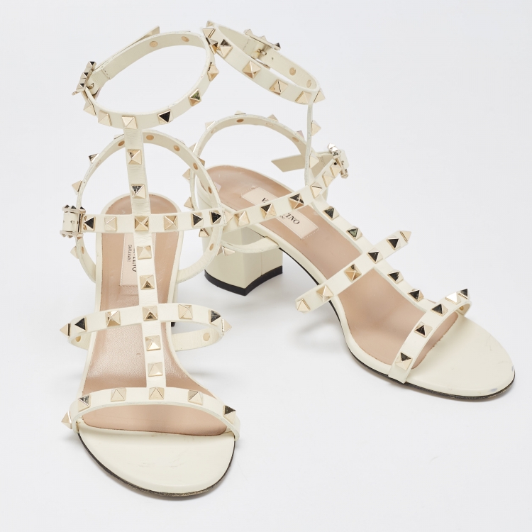 Pre Owned Valentino Off White Leather Rockstud Ankle Strap Sandals Size 38
