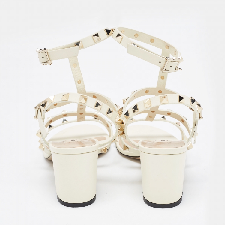 Pre Owned Valentino Off White Leather Rockstud Ankle Strap Sandals Size 38
