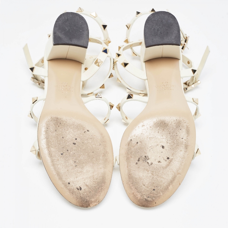 Pre Owned Valentino Off White Leather Rockstud Ankle Strap Sandals Size 38