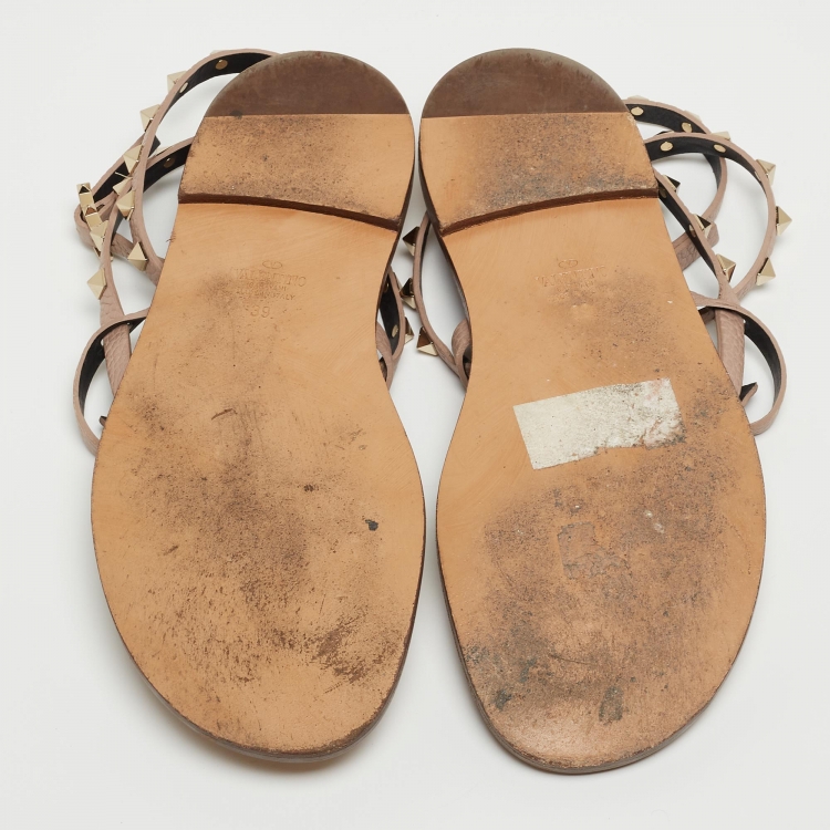 Pre Owned Valentino Dusty Pink Leather Rockstud Ankle Wrap Flat Sandals Size 39