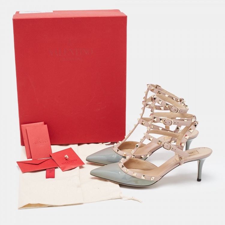 Pre Owned Valentino Light Blue/Pink Patent and Leather Rockstud Ankle Strap Pumps Size 39.5