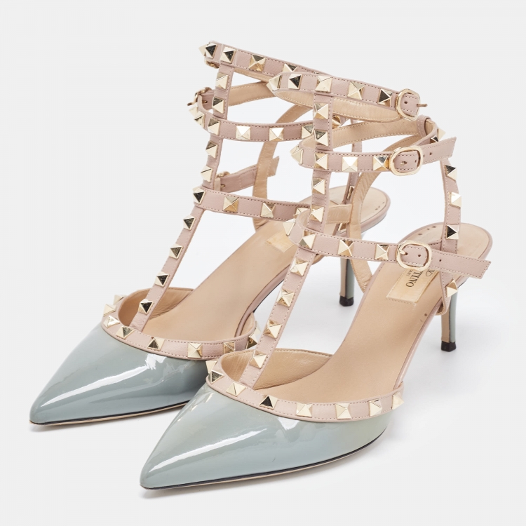 Pre Owned Valentino Light Blue/Pink Patent and Leather Rockstud Ankle Strap Pumps Size 39.5