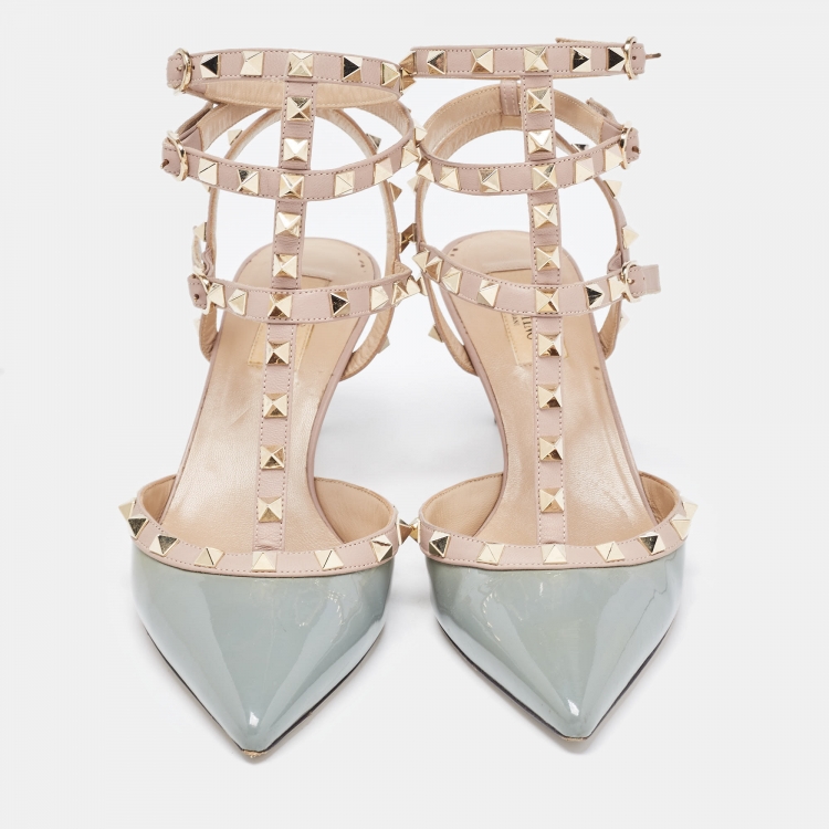 Pre Owned Valentino Light Blue/Pink Patent and Leather Rockstud Ankle Strap Pumps Size 39.5