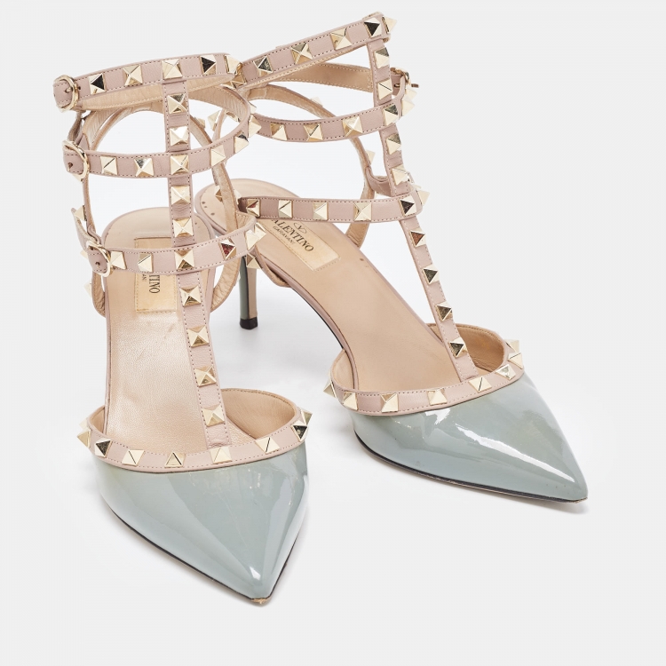 Pre Owned Valentino Light Blue/Pink Patent and Leather Rockstud Ankle Strap Pumps Size 39.5
