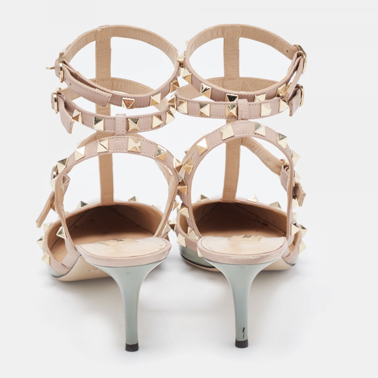 Pre Owned Valentino Light Blue/Pink Patent and Leather Rockstud Ankle Strap Pumps Size 39.5