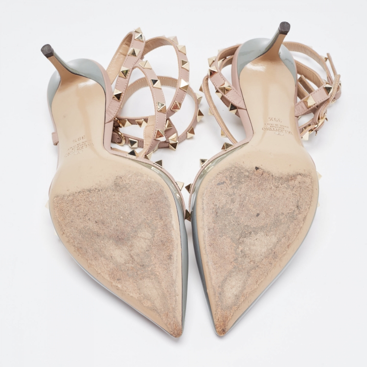 Pre Owned Valentino Light Blue/Pink Patent and Leather Rockstud Ankle Strap Pumps Size 39.5