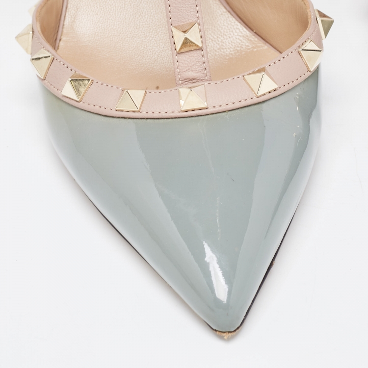 Pre Owned Valentino Light Blue/Pink Patent and Leather Rockstud Ankle Strap Pumps Size 39.5