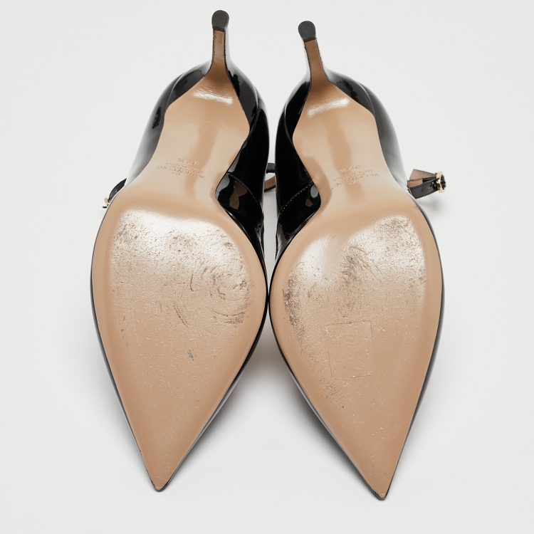 Pre Owned Valentino Black Patent Leather Ankle Cuff Pointed Toe Pumps Size 37.5