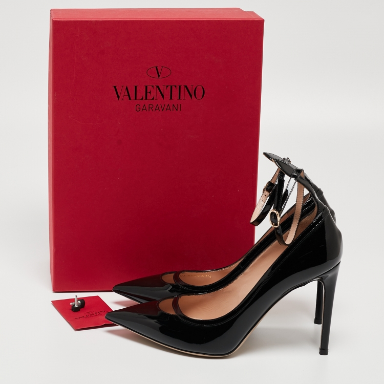Pre Owned Valentino Black Patent Leather Ankle Cuff Pointed Toe Pumps Size 37.5