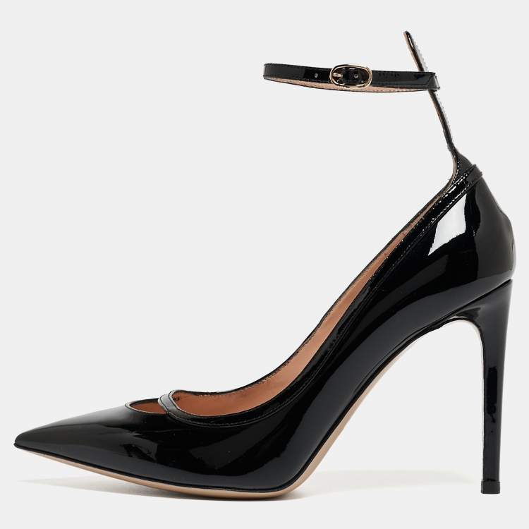 Pre Owned Valentino Black Patent Leather Ankle Cuff Pointed Toe Pumps Size 37.5