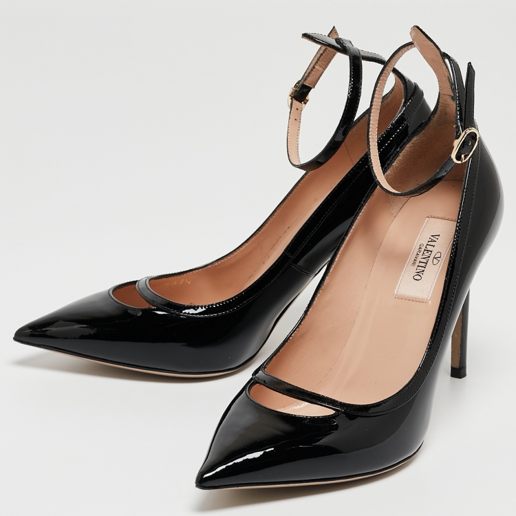 Pre Owned Valentino Black Patent Leather Ankle Cuff Pointed Toe Pumps Size 37.5