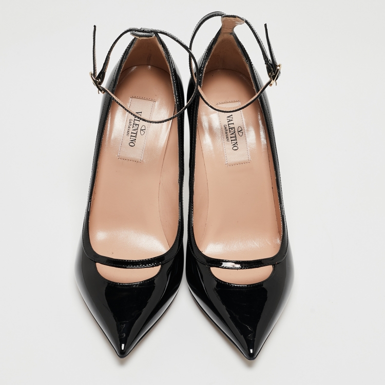 Pre Owned Valentino Black Patent Leather Ankle Cuff Pointed Toe Pumps Size 37.5