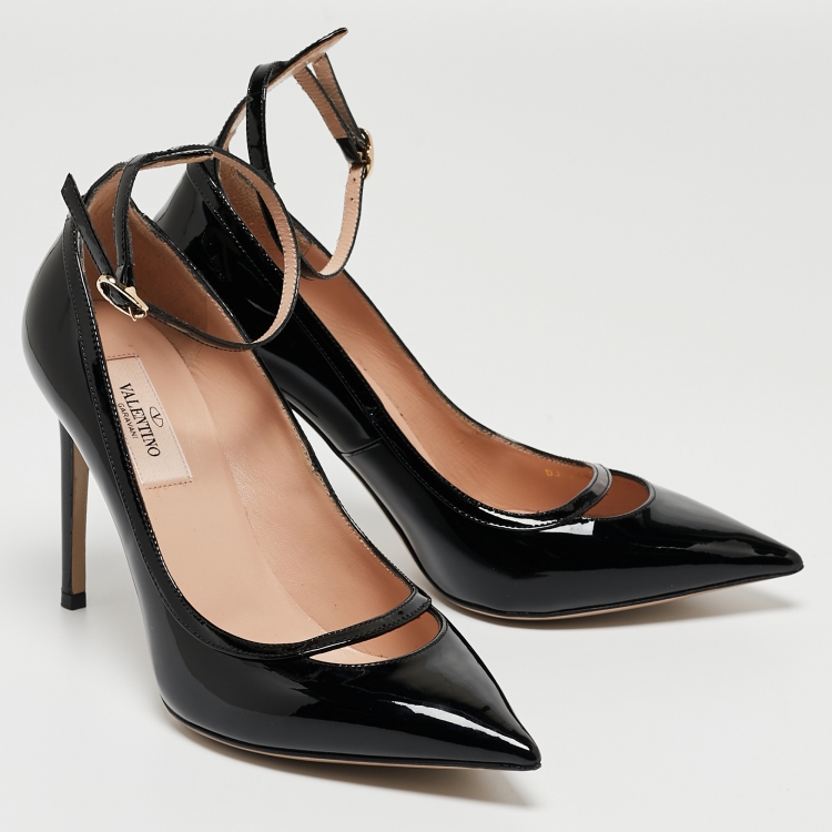 Pre Owned Valentino Black Patent Leather Ankle Cuff Pointed Toe Pumps Size 37.5