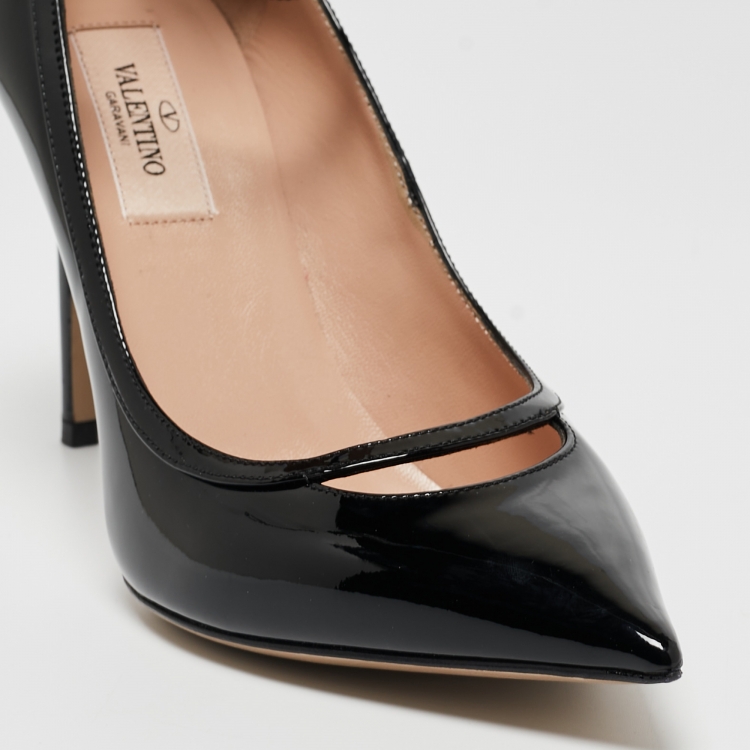Pre Owned Valentino Black Patent Leather Ankle Cuff Pointed Toe Pumps Size 37.5