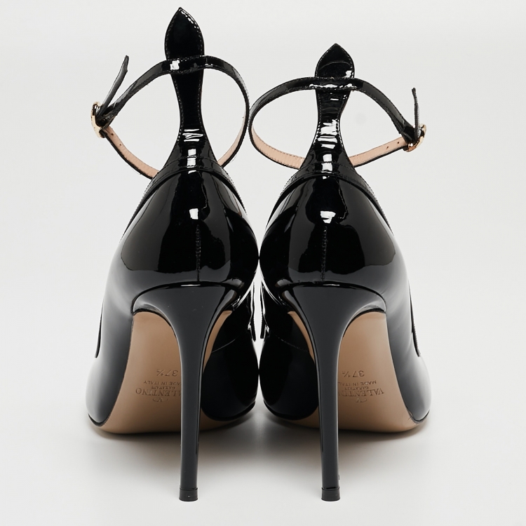 Pre Owned Valentino Black Patent Leather Ankle Cuff Pointed Toe Pumps Size 37.5