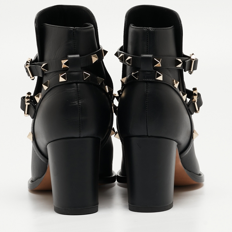 Pre Owned Valentino Black Leather Rockstud Ankle Boots Size 41