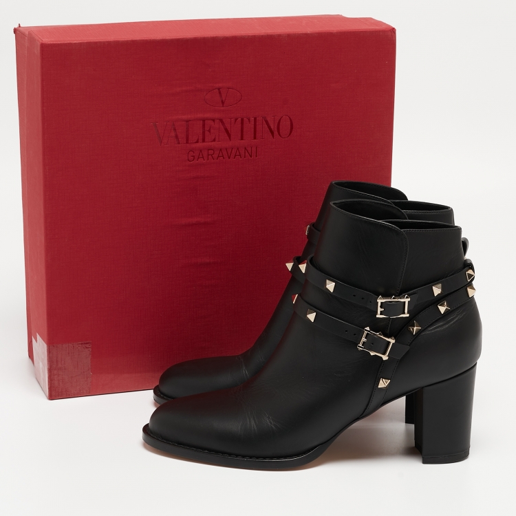Pre Owned Valentino Black Leather Rockstud Ankle Boots Size 41