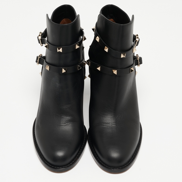 Pre Owned Valentino Black Leather Rockstud Ankle Boots Size 41