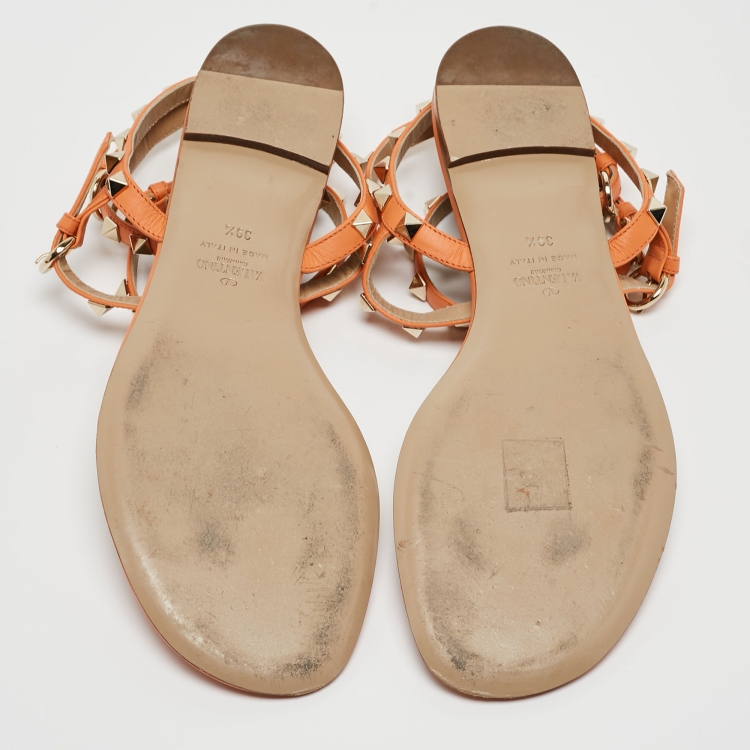 Pre Owned Valentino Orange Leather Rockstud Ankle Strap Flats Size 39.5