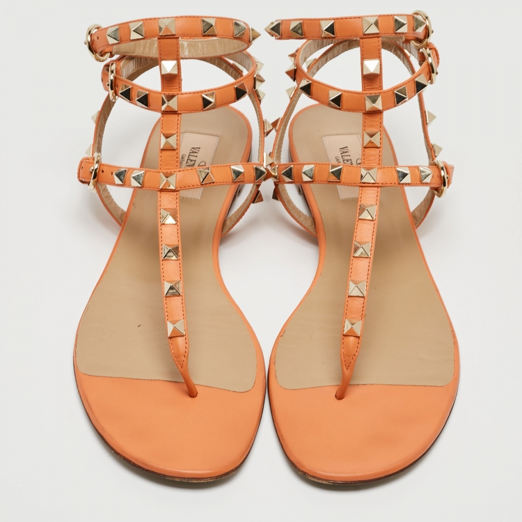 Pre Owned Valentino Orange Leather Rockstud Ankle Strap Flats Size 39.5