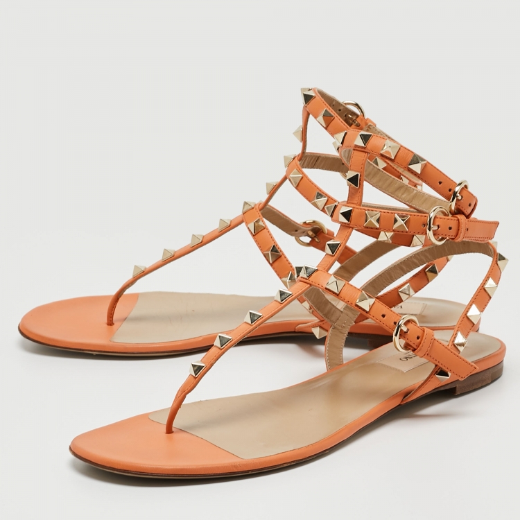 Pre Owned Valentino Orange Leather Rockstud Ankle Strap Flats Size 39.5