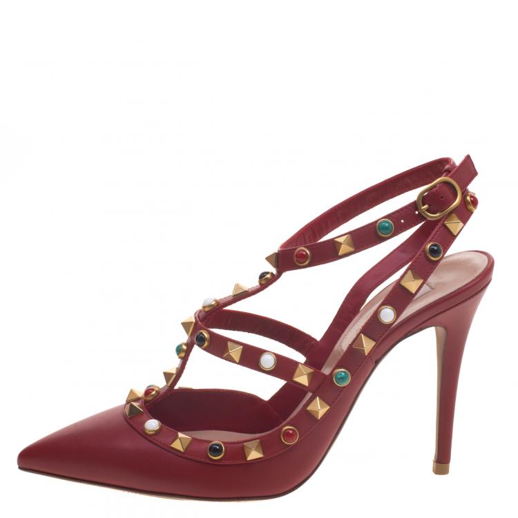 Valentino Maroon Leather Rolling Rockstud Sandals Size 36 Valentino TLC