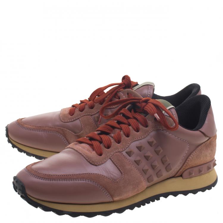 Pre Owned Valentino Blush Pink Leather And Suede Rockstud Sneakers Size 39