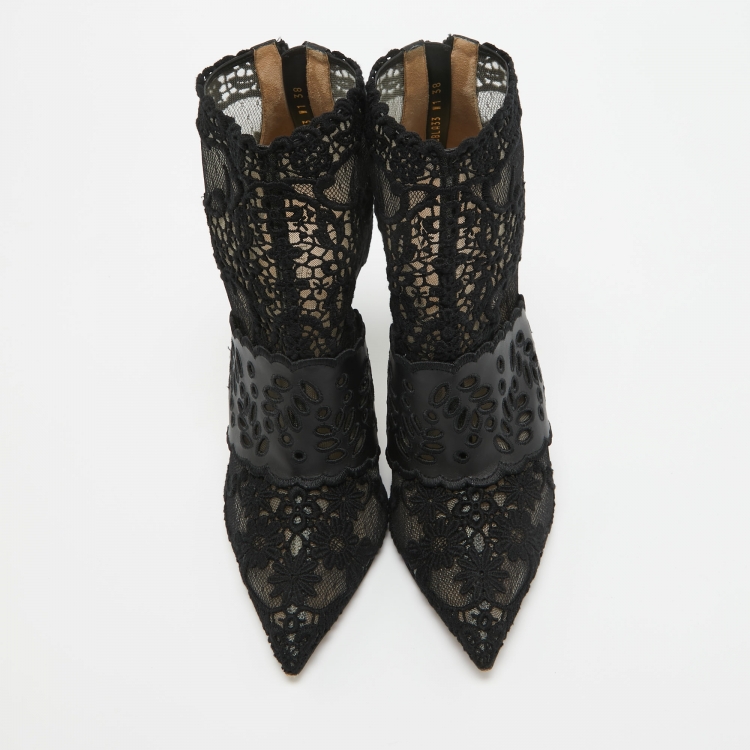 Pre Owned Valentino Black Leather and Lace Fusion Ankle Booties Size 38
