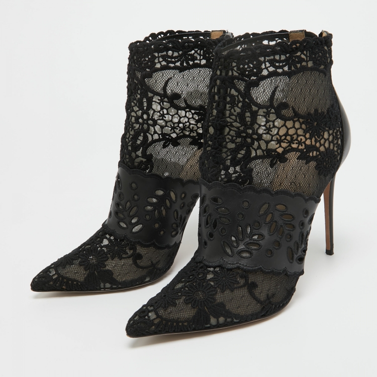 Pre Owned Valentino Black Leather and Lace Fusion Ankle Booties Size 38