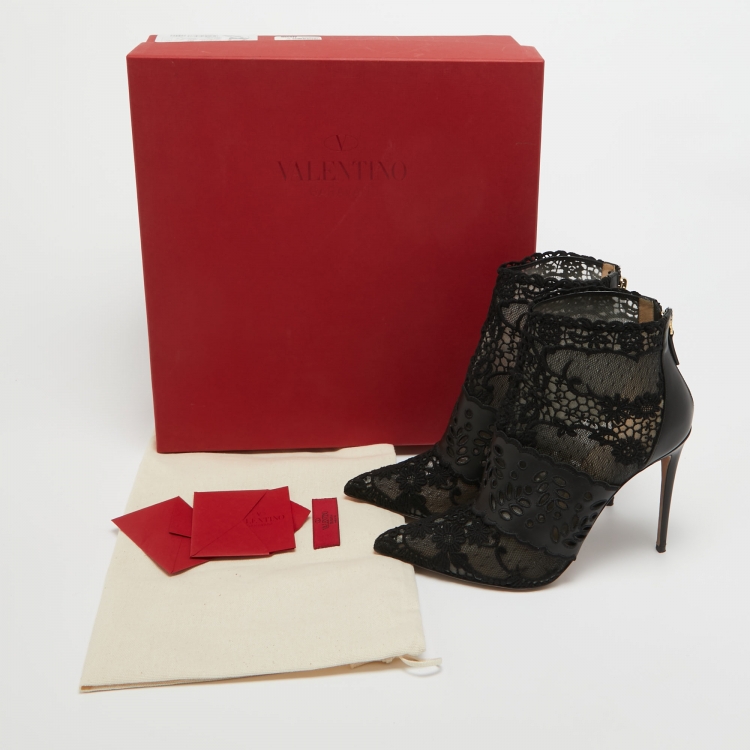 Pre Owned Valentino Black Leather and Lace Fusion Ankle Booties Size 38