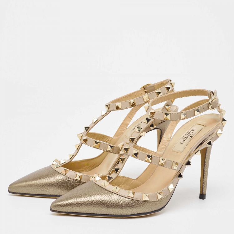 Pre Owned Valentino Metallic/Dusty Pink Leather Rockstud Ankle Strap Pumps Size 38