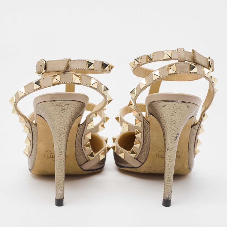 Pre Owned Valentino Metallic/Dusty Pink Leather Rockstud Ankle Strap Pumps Size 38