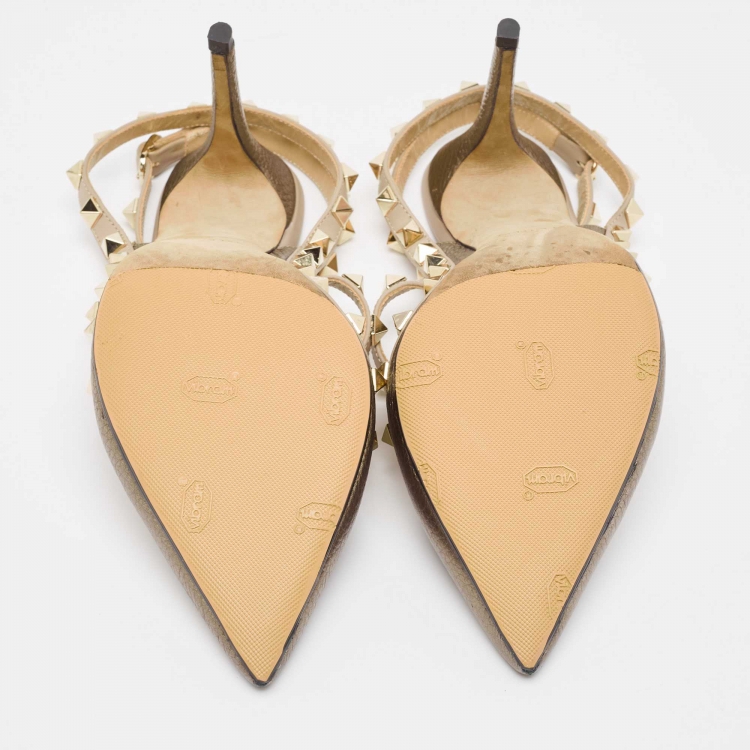 Pre Owned Valentino Metallic/Dusty Pink Leather Rockstud Ankle Strap Pumps Size 38