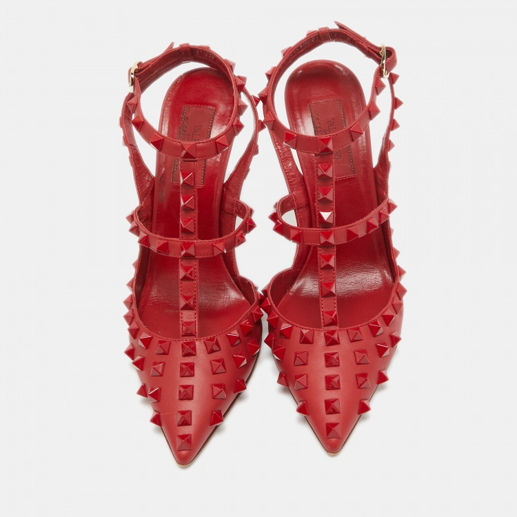 Pre Owned Valentino Red Leather Rockstud  Ankle Strap Pumps Size 37