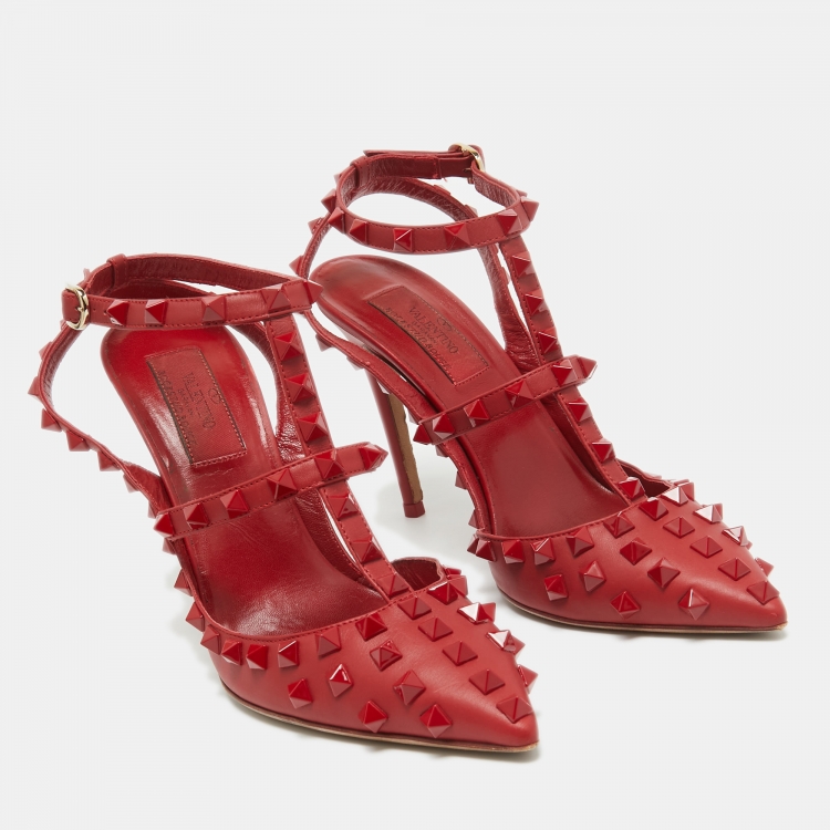Pre Owned Valentino Red Leather Rockstud  Ankle Strap Pumps Size 37