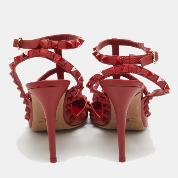 Pre Owned Valentino Red Leather Rockstud  Ankle Strap Pumps Size 37