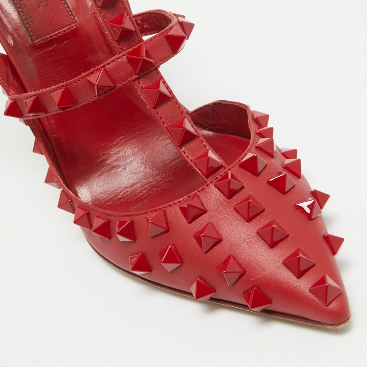 Pre Owned Valentino Red Leather Rockstud  Ankle Strap Pumps Size 37