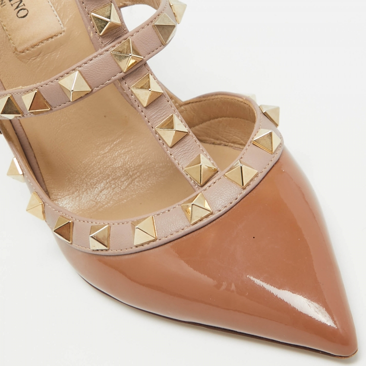 Pre Owned Valentino Brown Patent Leather Rockstud Ankle Strap Pumps Size 36