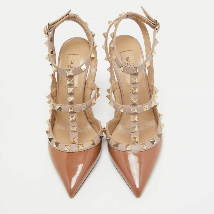 Pre Owned Valentino Brown Patent Leather Rockstud Ankle Strap Pumps Size 36
