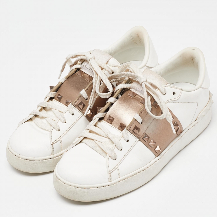 Pre Owned Valentino White/Brown Leather Rockstud Low Top Sneakers Size 38
